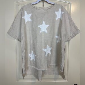 Bad Little Country Girl Tina linen cotton short sleeve oversized star shirt sz S